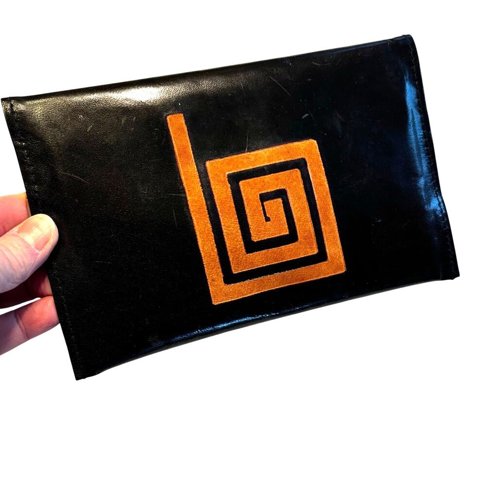 Unique vintage leather clutch purse wallet with mini coin pouch dark brown & tan